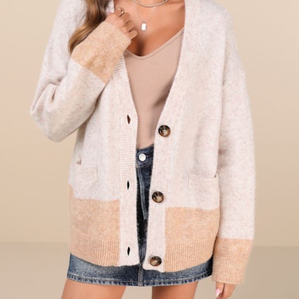 Lulus Cozy Success Ivory Marled Color Block Cardigan Sweater White - Size S